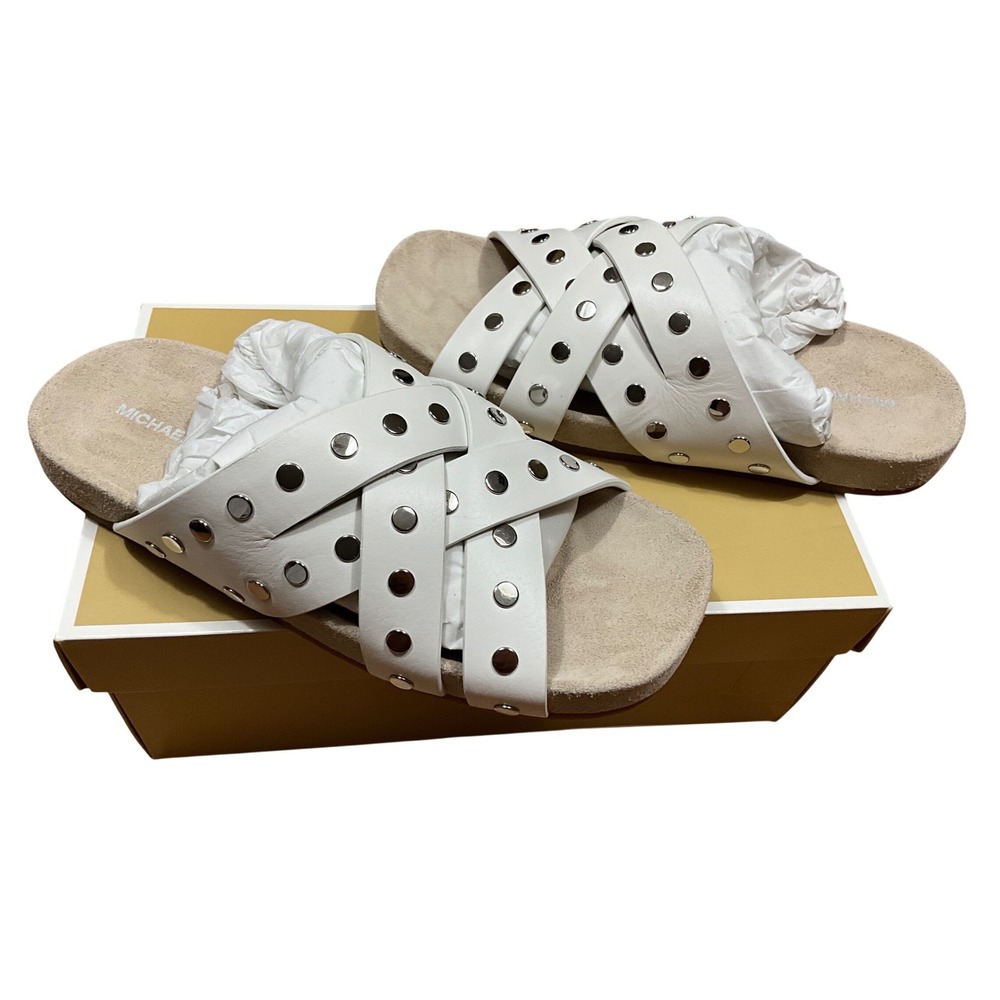 Michael Kors White Leather Studded Crisscross Slide Sandals SG24L Mens 7.5M